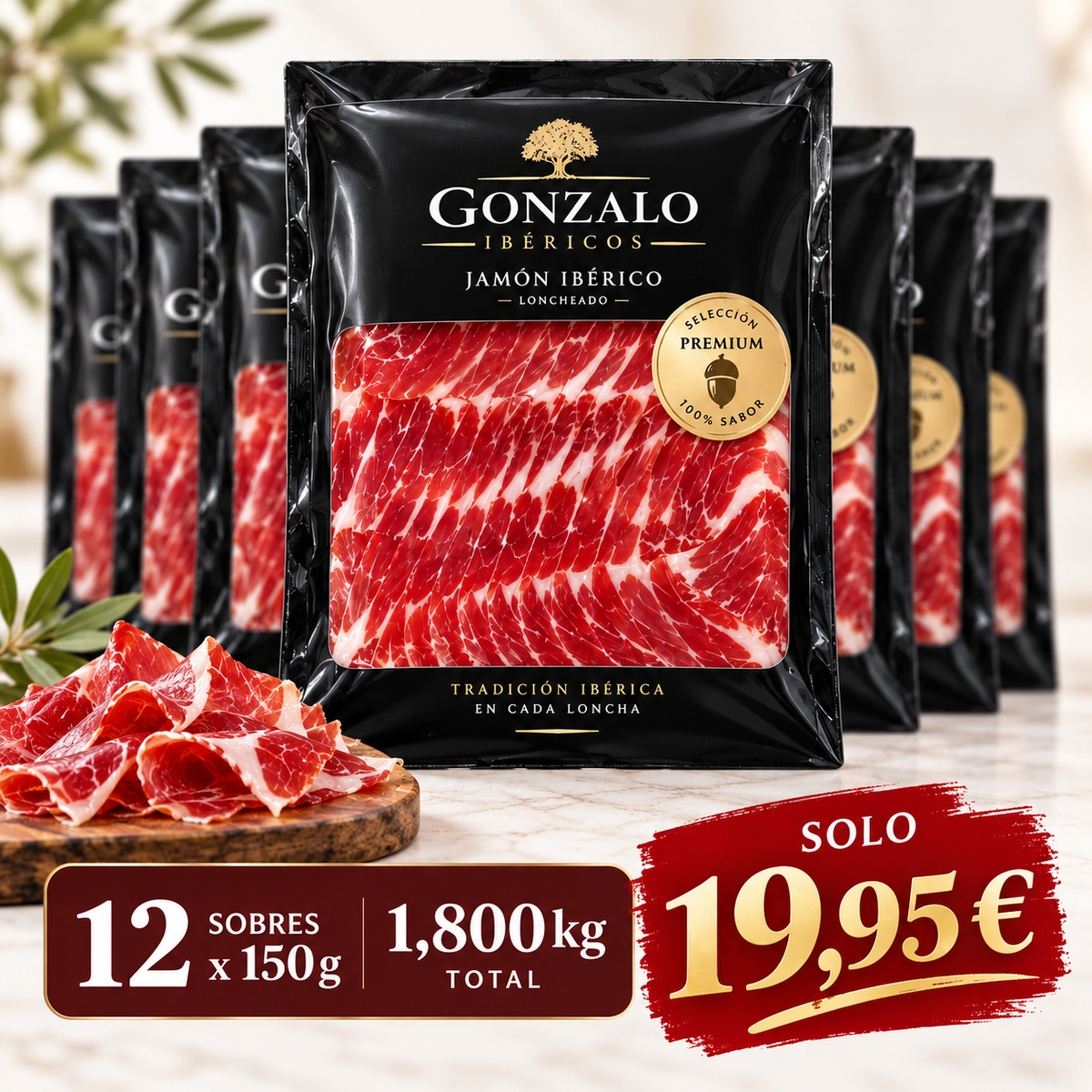 Pack 12 Sobres de Jamón 100% Ibérico · Etiqueta Negra · 1,8 kg